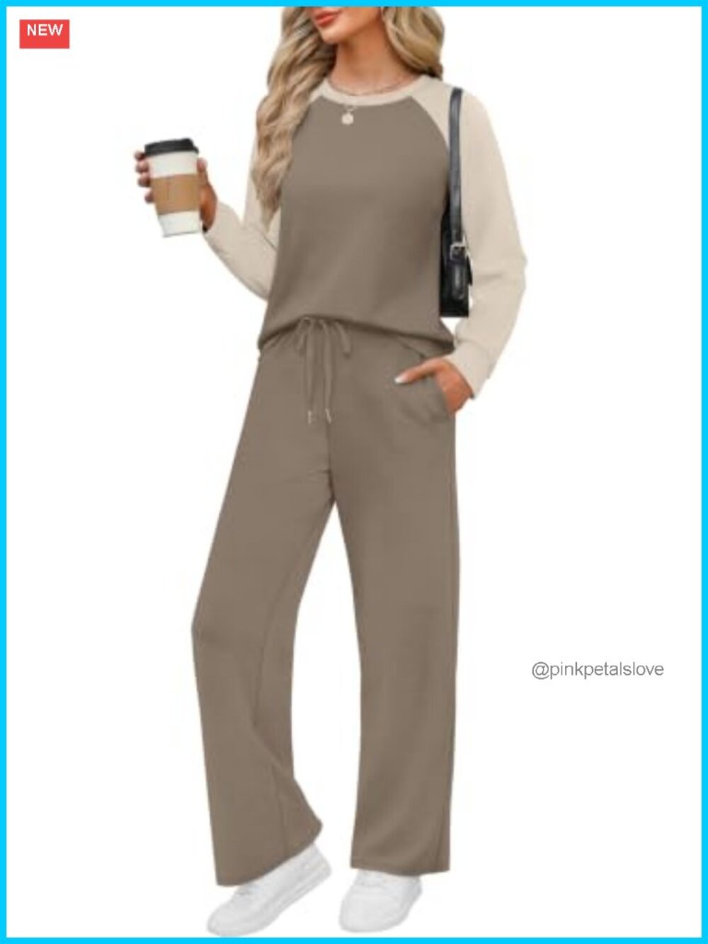 WIHOLL 2 Piece Lounge Set Long Sleeve Top Wide Leg Pants Pockets Drawstring
